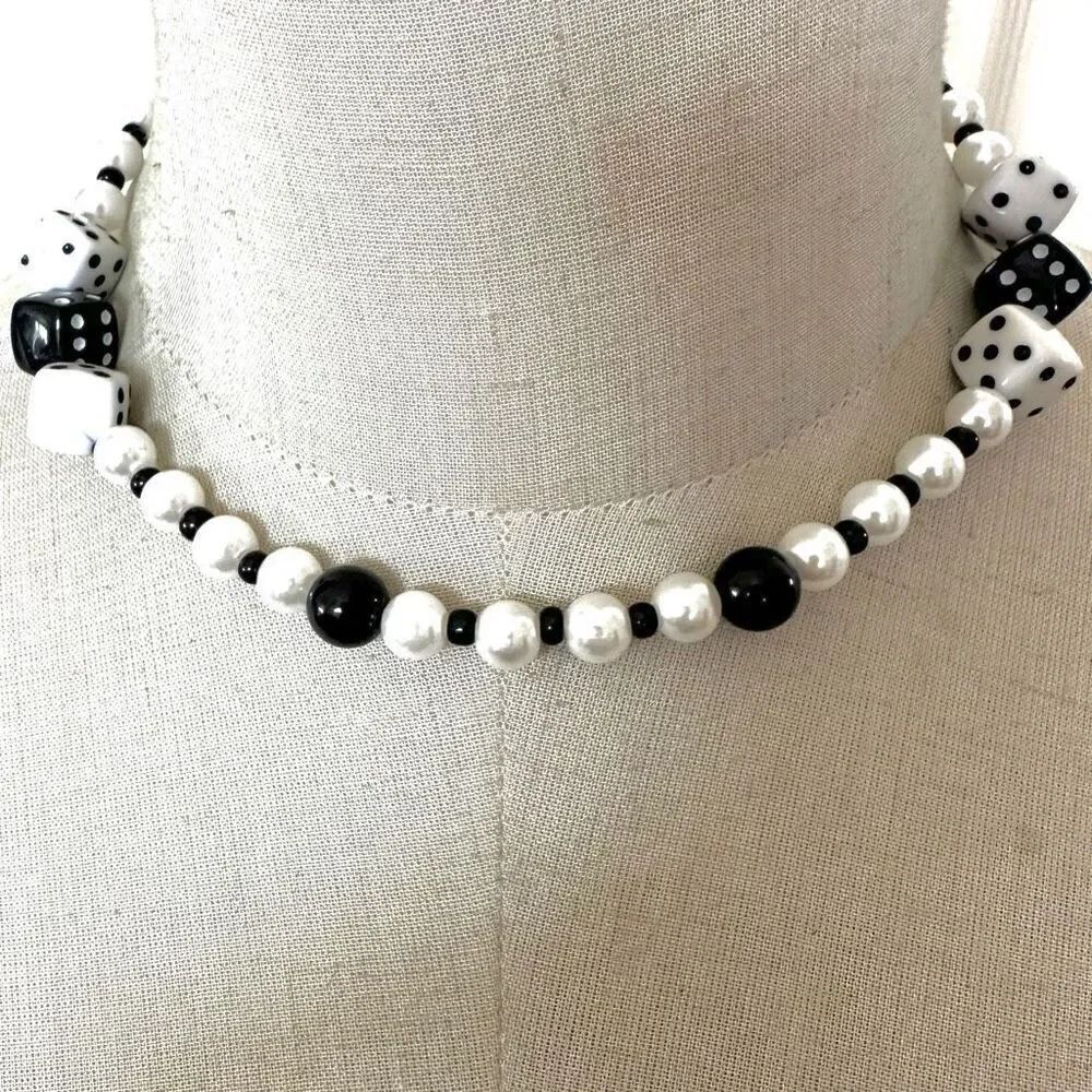 Faux pearl Black & White dice choker necklace